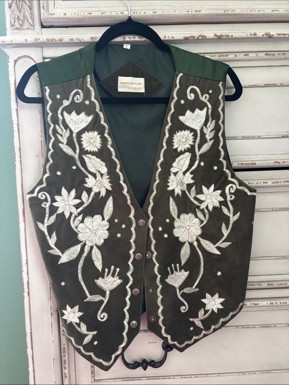 American Flax Olive Green Embroidered Suede Vest